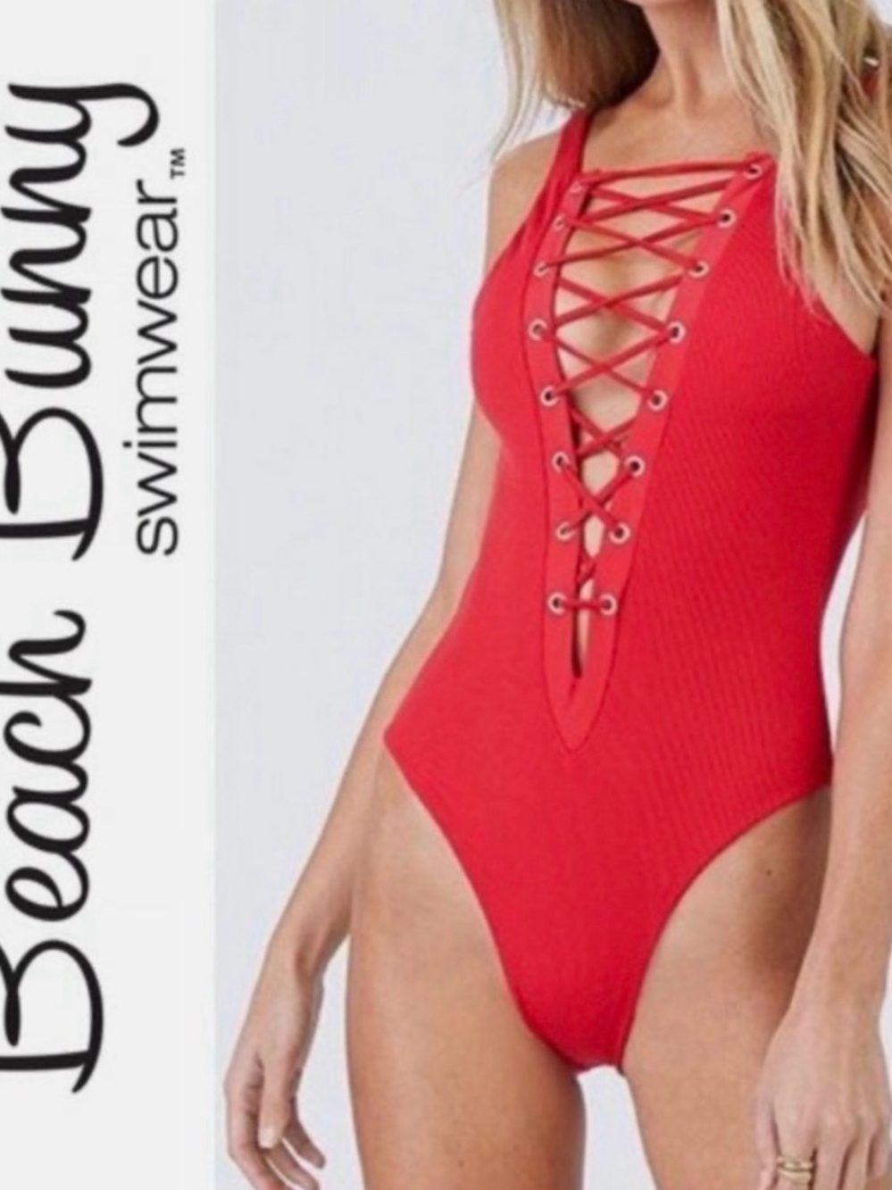 Beach Bunny Red Lace-Up Ribbed One-Piece Swimsuit
